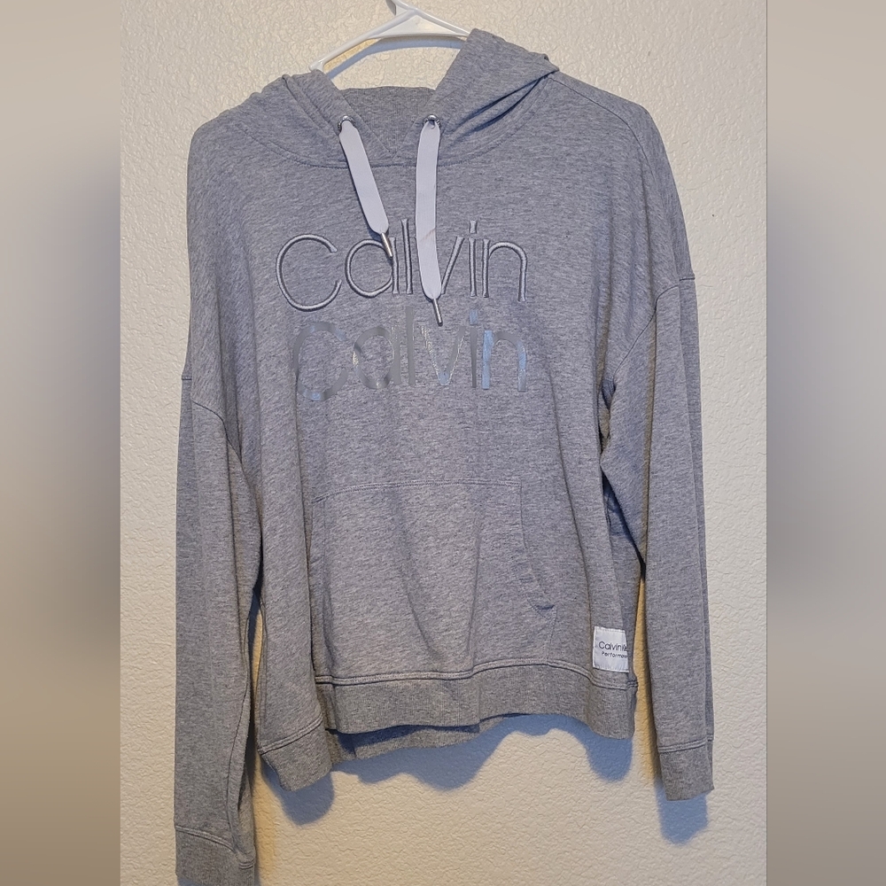 Calvin Klein Womens Light Gray Hooded Logo Sweater